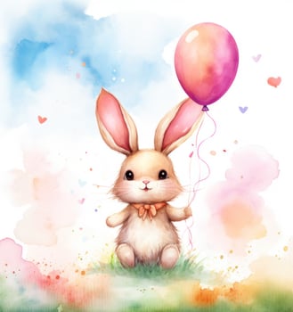 AI generated cute bunny with hearts with watercolor background photo