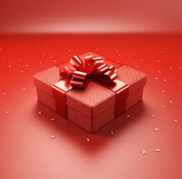 AI generated empty gift box with bow surrounded by red texture photo