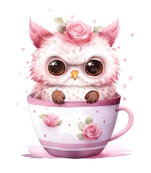 AI generated owl in cup tea watercolor isolated photo