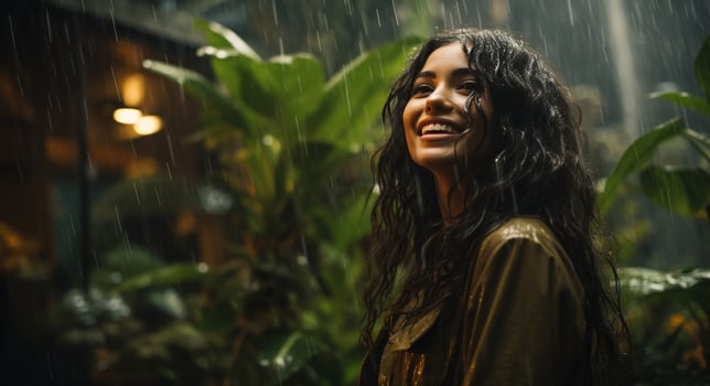 AI generated raining down happy smiling woman in rainy jungle photo