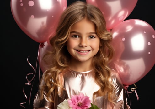 AI generated smiling girl holding 8 gold foil balloons with a tulip in hands photo