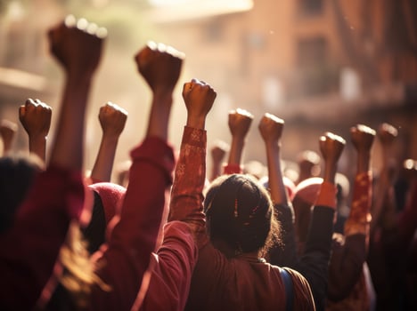 AI generated the protesters raise their fists during their demonstration photo