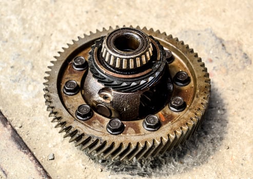 Dismantled box car transmissions. Gear with bearings. The gears on the shaft of a mechanical transmission. photo