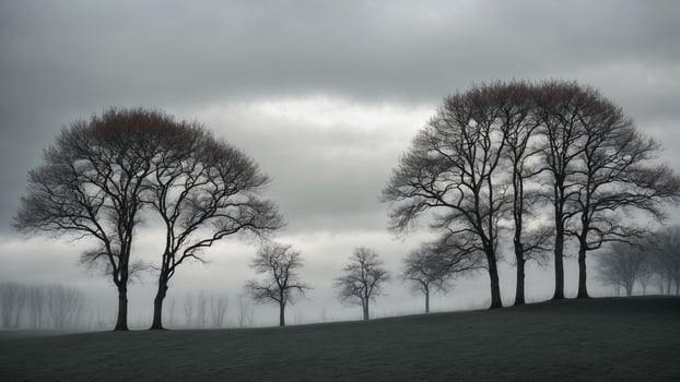 AI generated Detail the contrast between the stark silhouettes of leafless trees against a pale, overcast winter sky. photo
