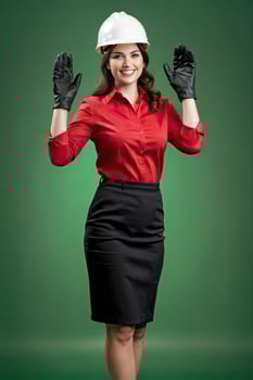 AI generated portrait of a beautiful woman in red long sleeve shirt and hard hat photo