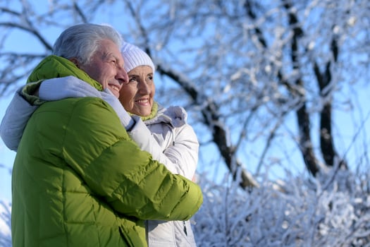 Happy senior couple at snowy winter park photo
