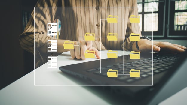 Document Management System DMS, Online document database management, Organization document Organized, automated processes to manage files, ERP enterprise efficient, business technology. photo