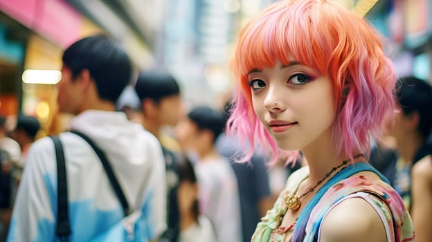 AI generated A Stylish Woman with Pink Hair and a Backpack in a Vibrant Urban Setting photo