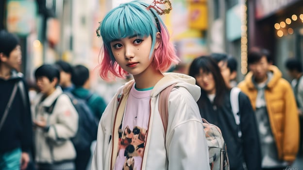 AI generated Woman with Vibrant Hair Walking Down a Colorful Street photo