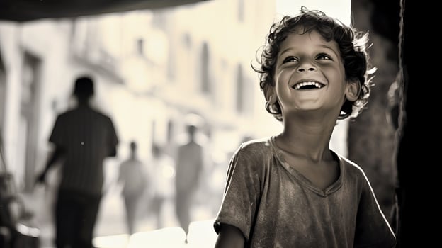AI generated Young Boy Laughing in Front of Building photo