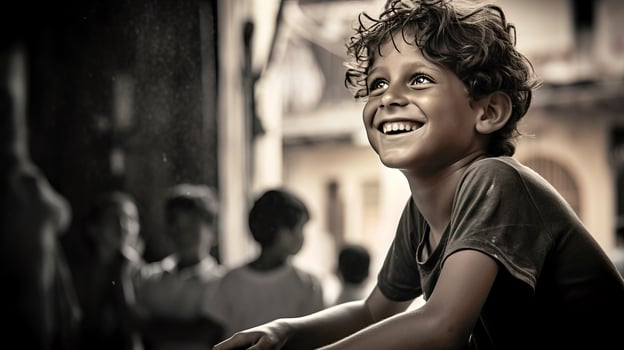 AI generated Young Boy Smiling on a Ledge photo
