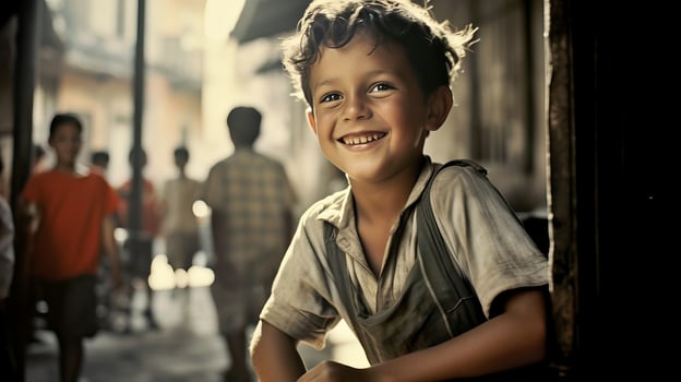 AI generated Young Boy Smiling in Doorway photo