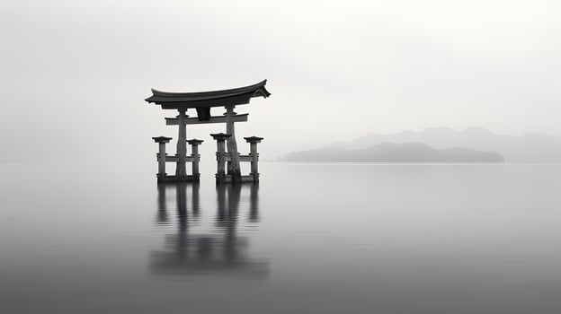 AI generated Landscape of japanese torii gate in fog photo