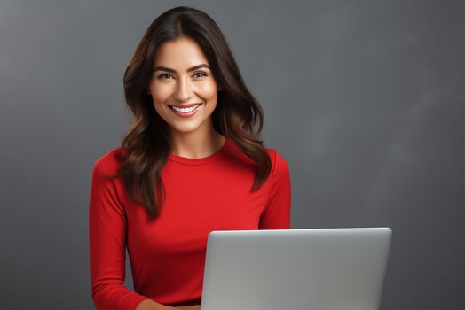 AI generated a happy woman in with laptop on gray background generative AI photo
