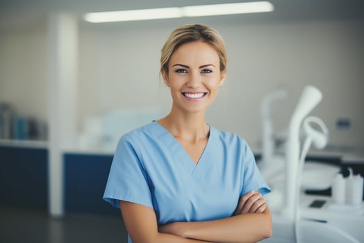 AI generated a happy dentist women in clinic generative AI photo