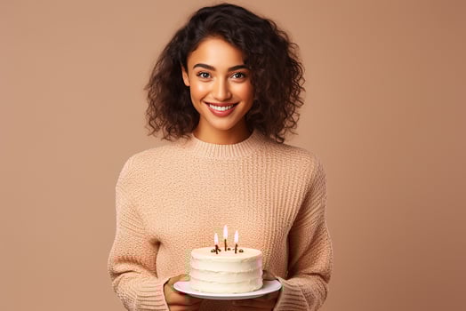 AI generated Portrait of a beautiful young woman smiling with cake on isolated background generative AI photo