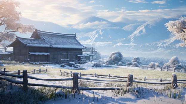 AI generated Scene of countryside covered with snow photo