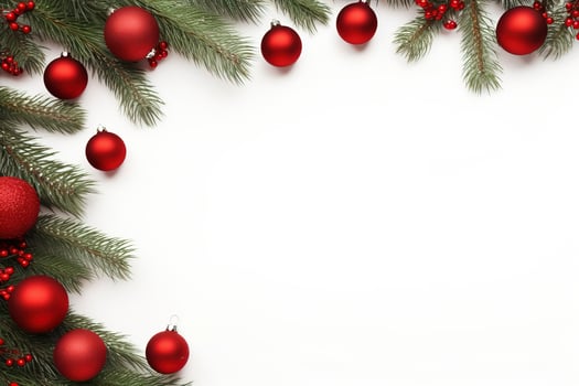 AI generated Fir tree branches with red christmas balls frame photo