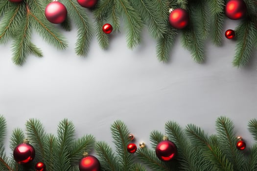 AI generated Fir tree branches with red christmas balls frame photo