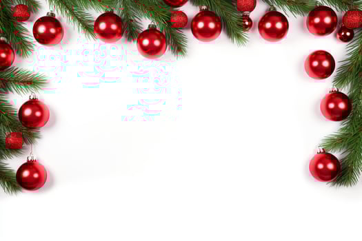 AI generated Fir tree branches with red christmas balls frame photo