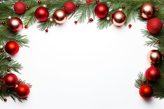 AI generated Fir tree branches with red christmas balls frame photo