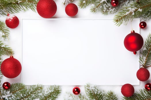 AI generated Fir tree branches with red christmas balls frame photo