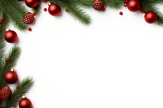 AI generated Fir tree branches with red christmas balls frame photo