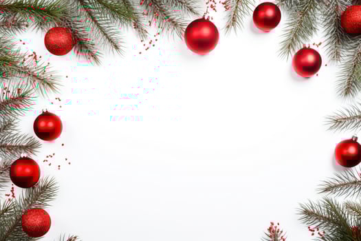 AI generated Fir tree branches with red christmas balls frame photo
