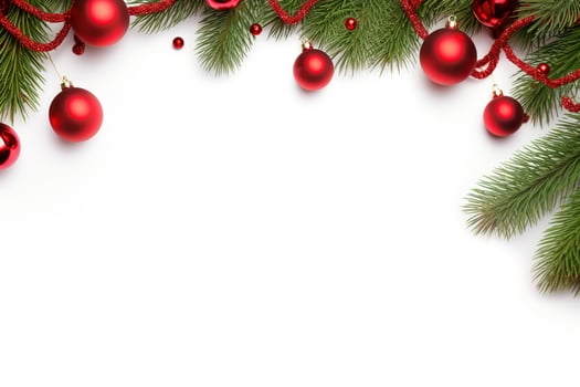 AI generated Fir tree branches with red christmas balls frame photo