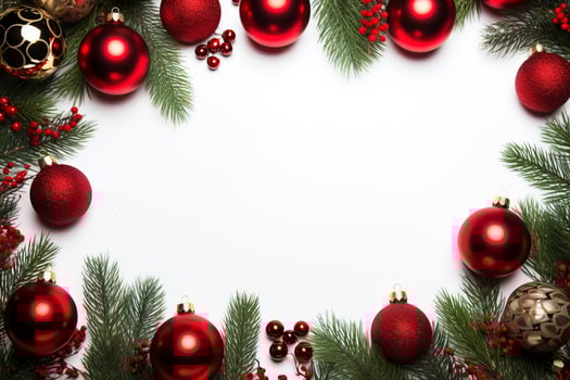 AI generated Fir tree branches with red christmas balls frame photo