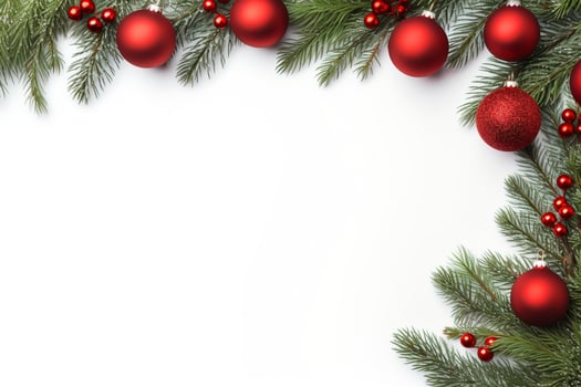 AI generated Fir tree branches with red christmas balls frame photo
