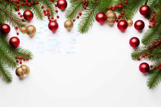 AI generated Fir tree branches with red christmas balls frame photo
