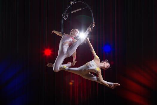 Circus actress acrobat performance. Two girls perform acrobatic elements in the air ring. photo