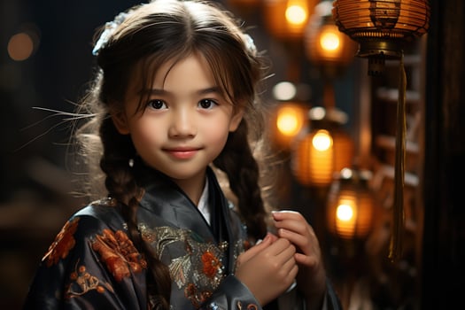AI generated A cute Chinese girl wearing traditional clothes holding a lantern on Lunar New Year. Generative Ai. photo