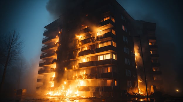 AI generated A fire in a big building in the city. photo
