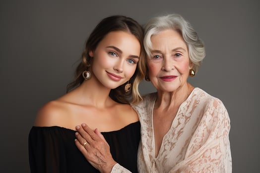 AI generated Portrait of young woman with her mature mother on isolated background photo