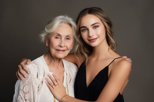AI generated Portrait of young woman with her mature mother on isolated background photo