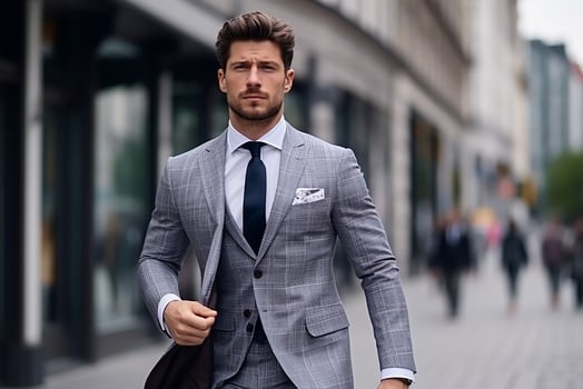 AI generated Portrait of handsome fashion businessman model dressed in elegant checkered suit posing on street photo