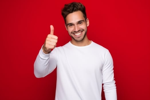 AI generated Portrait of cheerful man smiling and showing thumb up over red background photo