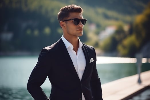 AI generated portrait of sexy handsome fashion businessman model dressed in elegant suit posing behind lake photo