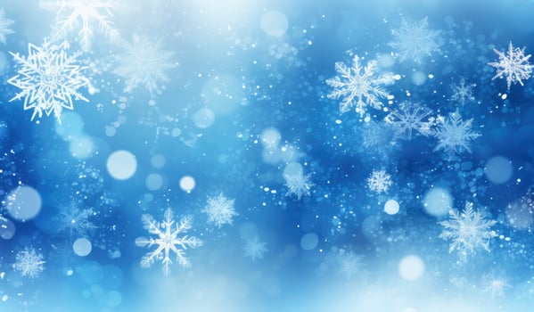 AI generated Modern winter background with snow falling and glowing blue bokeh lights. photo