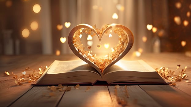 AI generated Book with love symbol on golden background photo