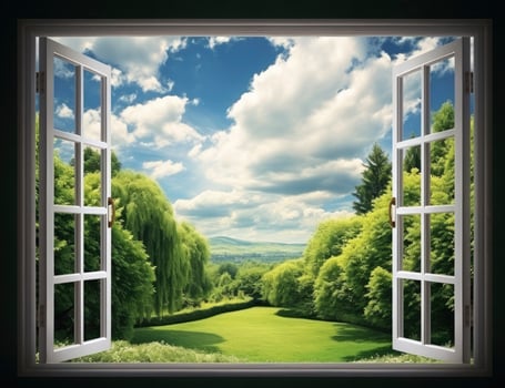 AI generated Embracing Nature Panoramic View of a Rural Summer Field Through an Opened Window, Bringing the Beauty of the Outdoors Inside. photo