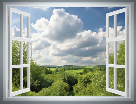 AI generated Embracing Nature Panoramic View of a Rural Summer Field Through an Opened Window, Bringing the Beauty of the Outdoors Inside. photo