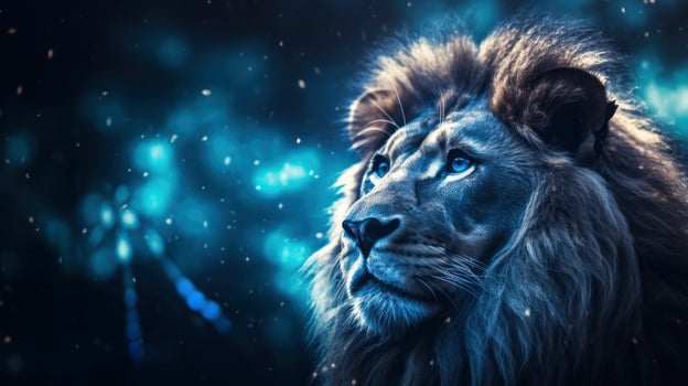 AI generated Close Up Capture of a Lion King in Dark Romantic Style, Featuring Blue Iridescent Tones, Glitter, and Bokeh Effects. photo
