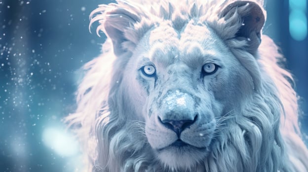 AI generated A White Lion Captured in Blue Iridescent Hues, Dark Romantic Style, Close-Up Shots, Featuring Glitter, Bokeh, and a Clean, Minimalist Aesthetic. photo