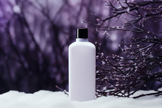 AI generated Cosmetic bottle with christmas decorations on bokeh background. photo