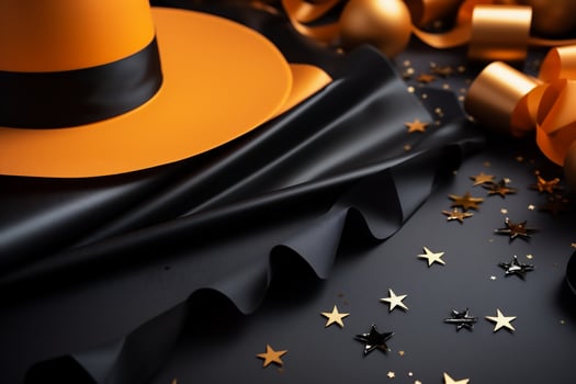 AI generated Halloween holiday background with orange hat, black ribbon and golden confetti photo