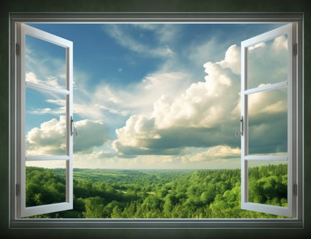 AI generated Embracing Nature Panoramic View of a Rural Summer Field Through an Opened Window, Bringing the Beauty of the Outdoors Inside. photo