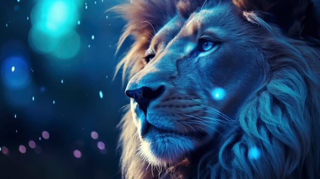 AI generated Close Up Capture of a Lion King in Dark Romantic Style, Featuring Blue Iridescent Tones, Glitter, and Bokeh Effects. photo